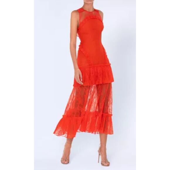 Alexis Women's Red Feliciana Tiered Open-back Leavers Lace Midi Dress Size Large - Picture 1 of 8